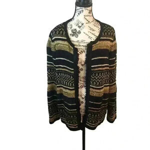 Chico’s Size 2 Large Black Gold Stripe Open Front Sweater Fringe Sequins
